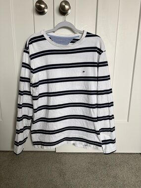 Tommy Hilfiger White and Navy Striped Crewneck Long Sleeve